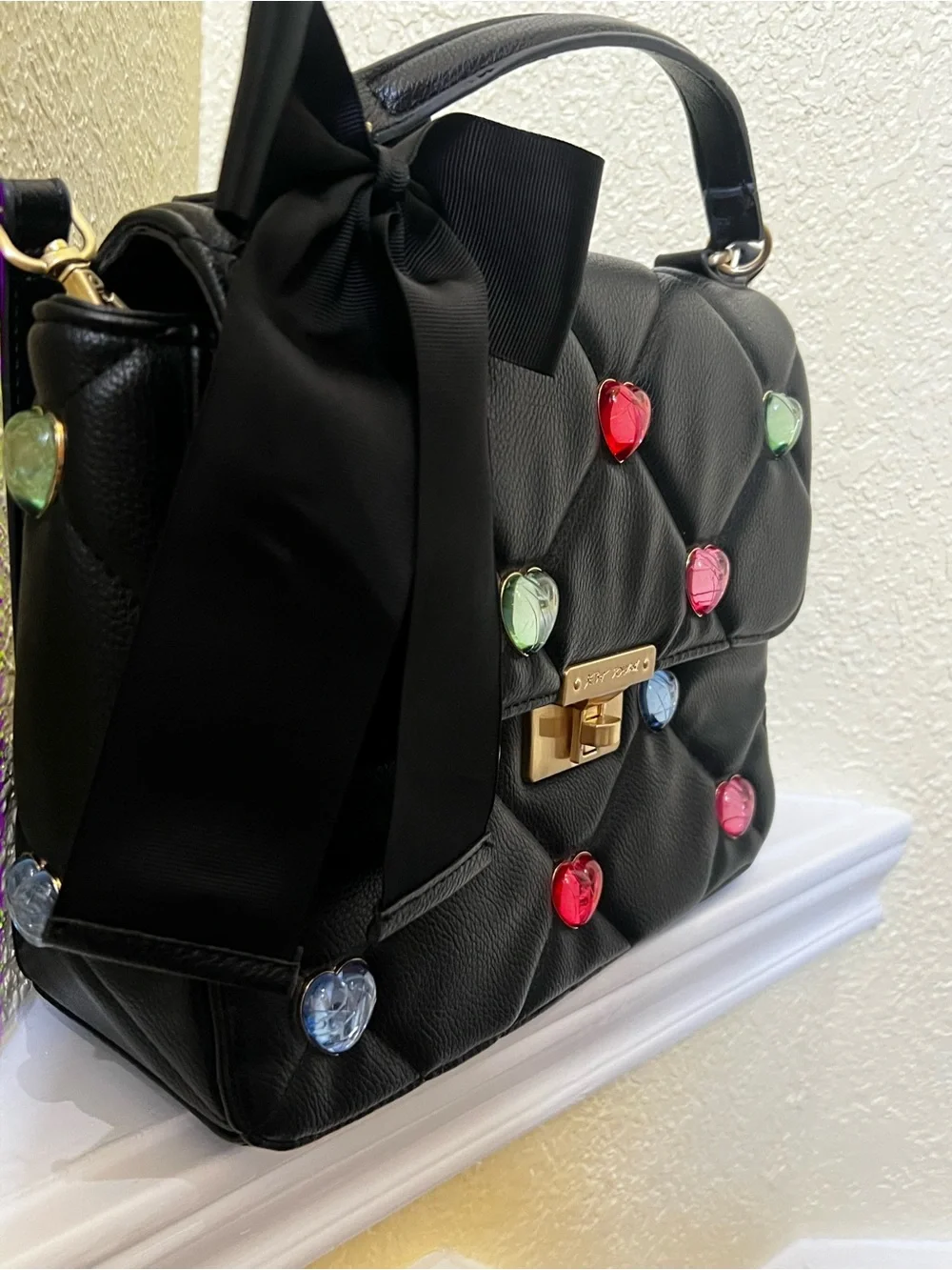Betsey Johnson I Want Candy Hearts Black Quilted Top Handle Satchel